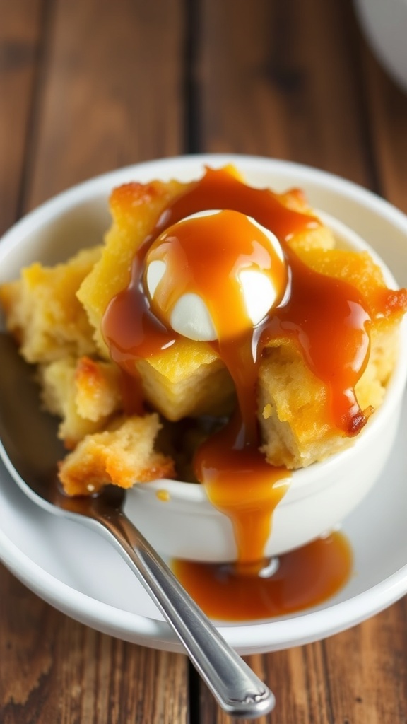 A bowl of warm bread pudding drizzled with caramel sauce on a rustic table.
